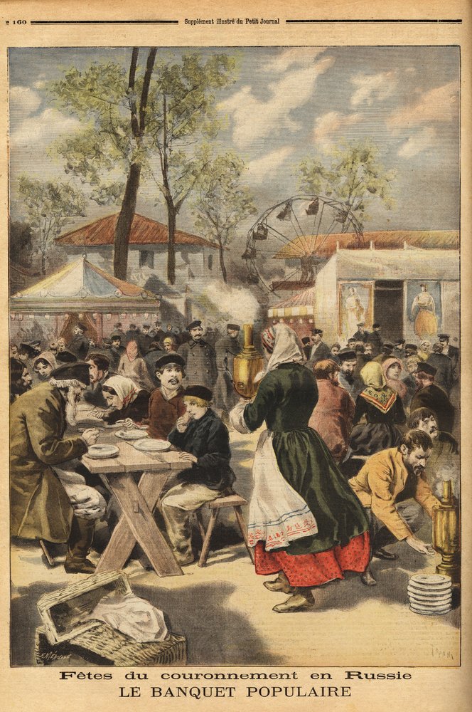 On the occasion of the coronation of Tsar Nicholas II, a popular banquet is offered to 500,000 Russians on the Khodynka manoeuvre field in Moscow, preceded by theatre performances. Engraving in "Le Petit Journal", 17/05/1896. Selva