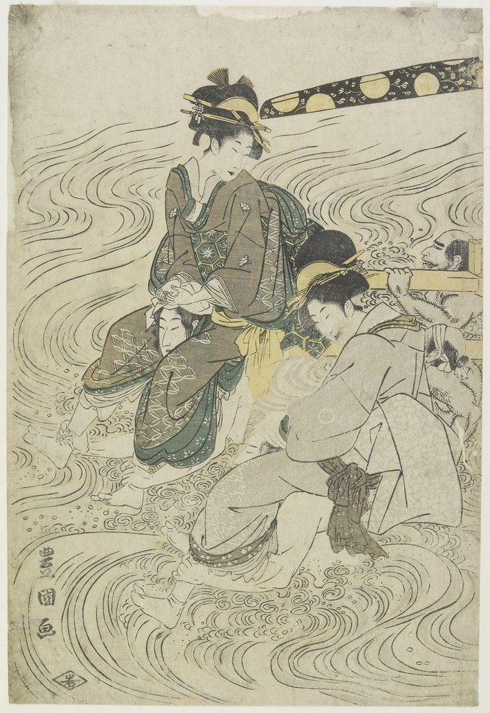 Two Women Crossing a River on the Shoulders of Coolies by Utagawa Toyokuni