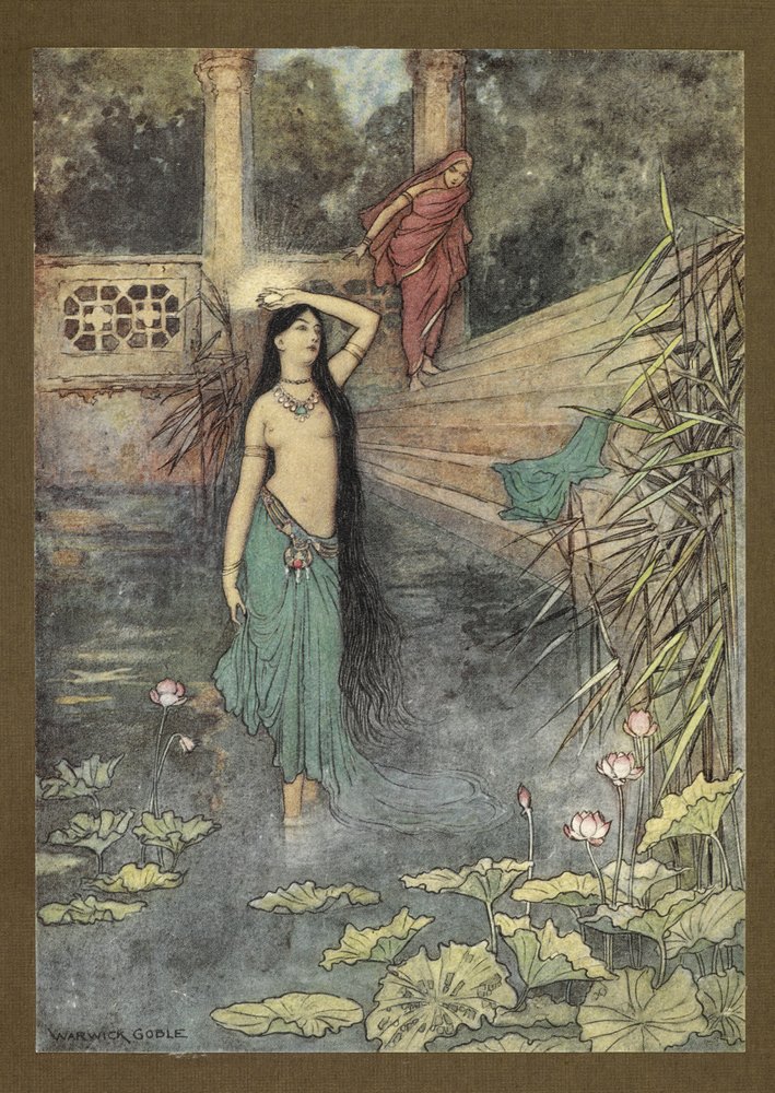 Frontispiece: She rushed out of the palace... and came to the upper world, from Folk-Tales of Bengal by Warwick Goble