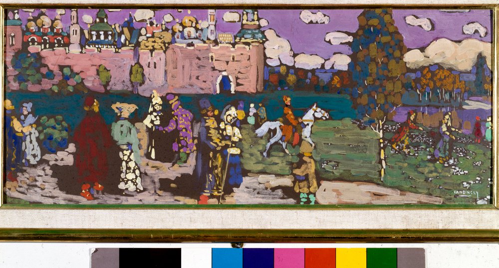 Russian scene. Tempera by Vassily Kandinsky (or Wassily Kandinski or Kandinskij, 1866-1944). 1904. Sun. 55x24 cm. Private collection by Wassily Kandinsky