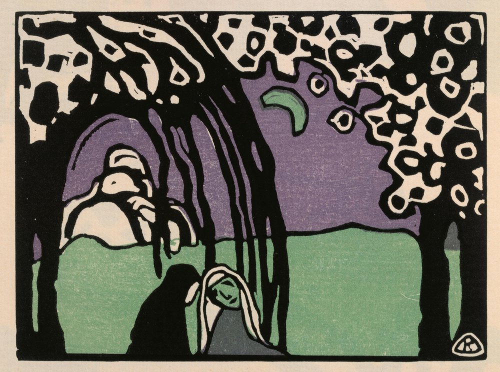Two Women in a Moonlit Landscape (Plate 12 from: "Sounds") by Wassily Kandinsky