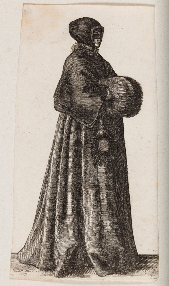 Woman Dressed in Black with a Mask, Cap and Muff by Wenceslaus Hollar