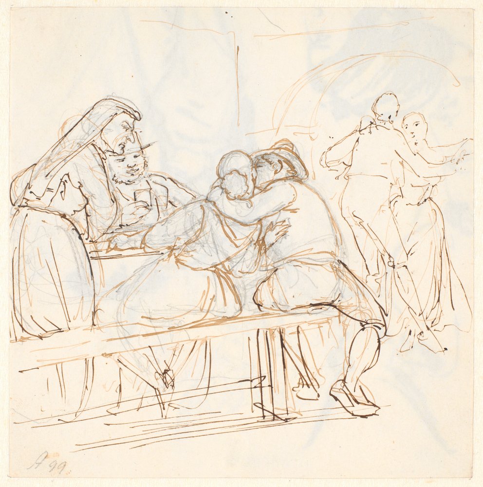 Easter scene, in the foreground a seated couple kissing by Wilhelm Marstrand