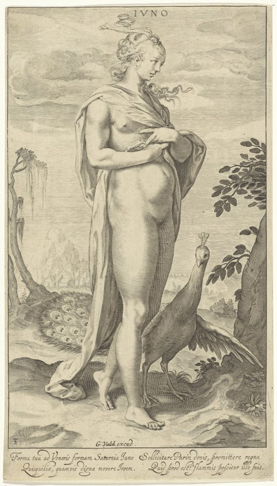Juno with peacock; Iuno (title on object); Judgement of Paris (series title) by Willem Isaacsz. van Swanenburg