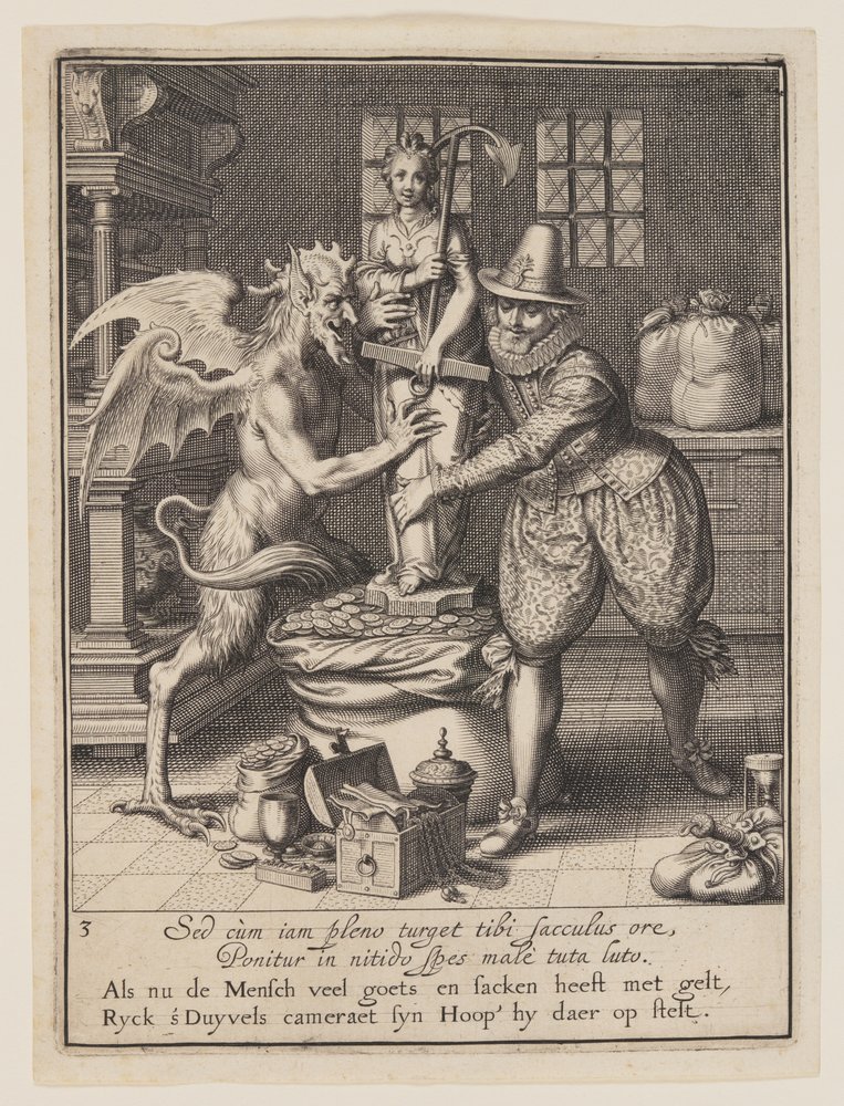 A Man and the Devil Filling a Sack with Money and Setting Up a Statue ...