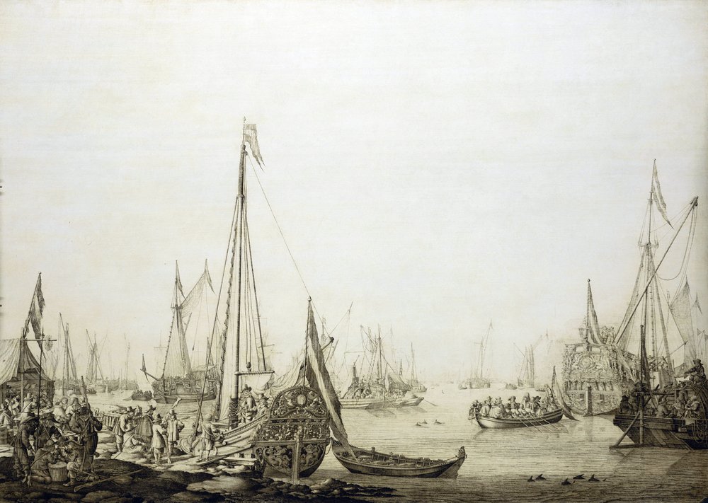 A variety of ships in a crowded port, historically associated with the voyage of Charles II of England to The Hague (Holland) in 1660 by Willem van de the Elder Velde