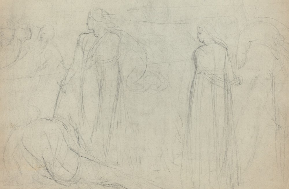 Sketch of a Swordsman Standing Over His Defeated Opponent by William Blake