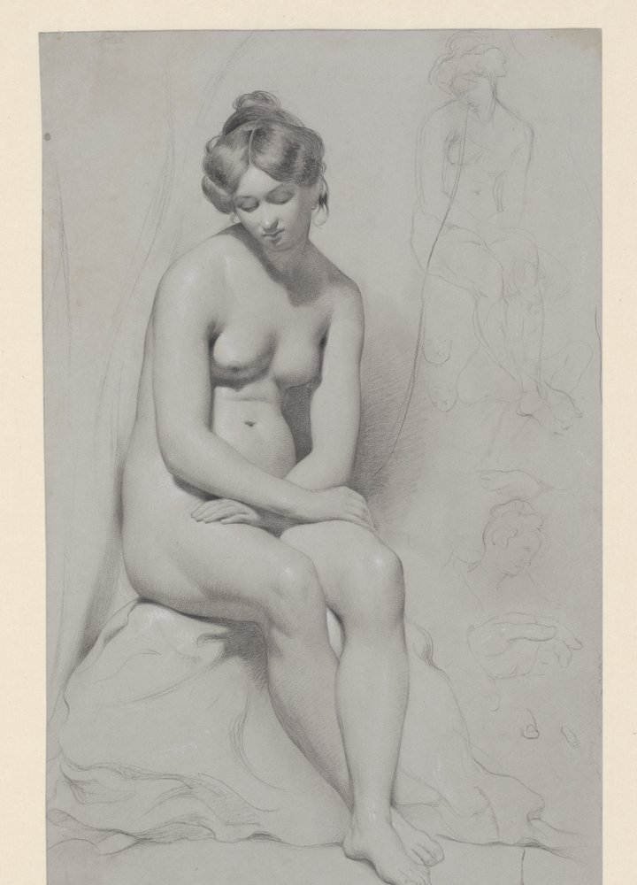 Seated Nude Female Model with High Hairstyle, Sketched Again Beside by William Etty