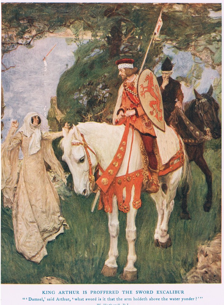 King Arthur is proffered the sword Excalibur, illustration from “King Arthur” by William Hatherell