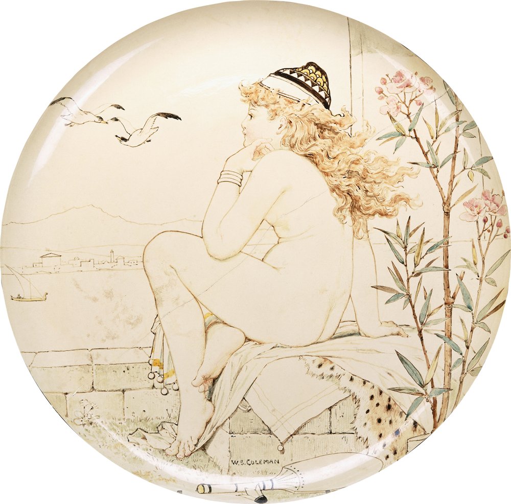 A Minton Art Pottery Studio charger, painted with a nude staring out to sea, 19th century by William Stephen Coleman