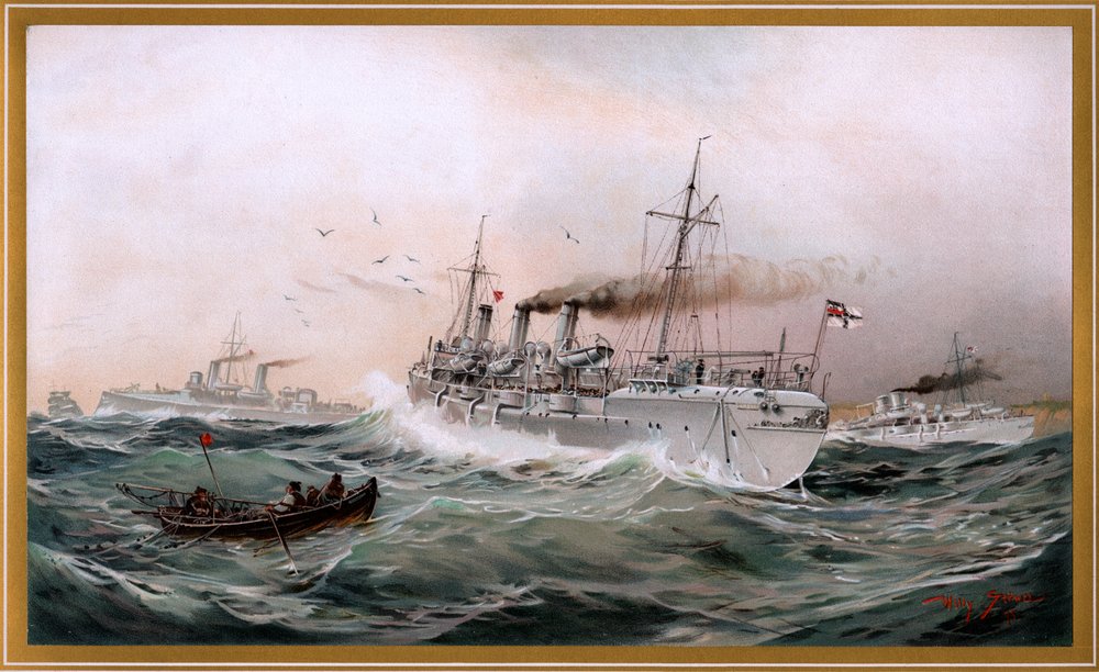 Imperial Navy Greif, Meteor and Jagd Spying at Brusterort, Chromolithograph by Willy Stöwer 1894, No. 9 from G. Wislicenus, Our War Fleet by Willy Stöwer
