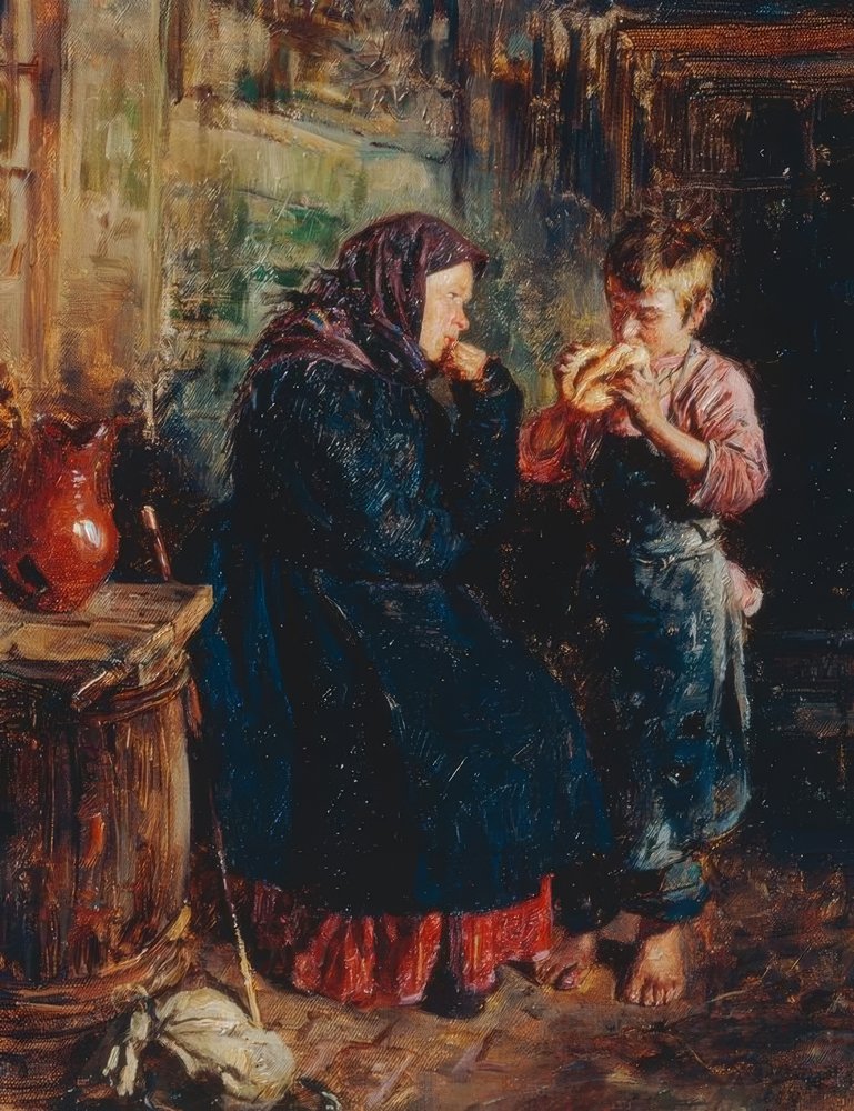 Old Woman and Boy with Bread by Wladimir Jegorowitsch Makowski
