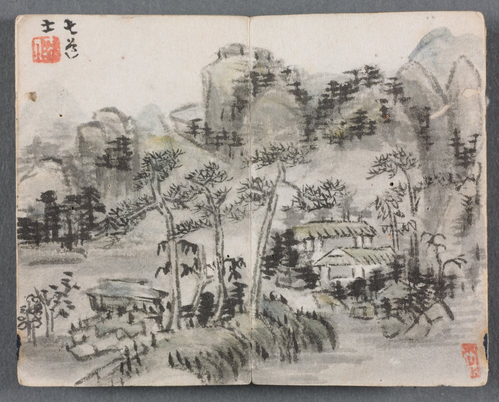Miniature Album with Figures and Landscape: Landscape with Two Buildings, 1822 by Zeng Yangdong