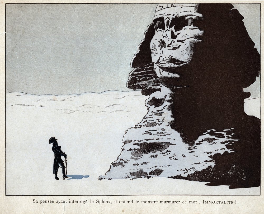 Napoleon studying the Sphinx in Egypt - lithograph by Job (Jacques Onfroy de Bréville) from „Le Grand Napoleon des Petites Enfants“, 1893 by pseudonym for Jacques Onfroy de Bréville Job