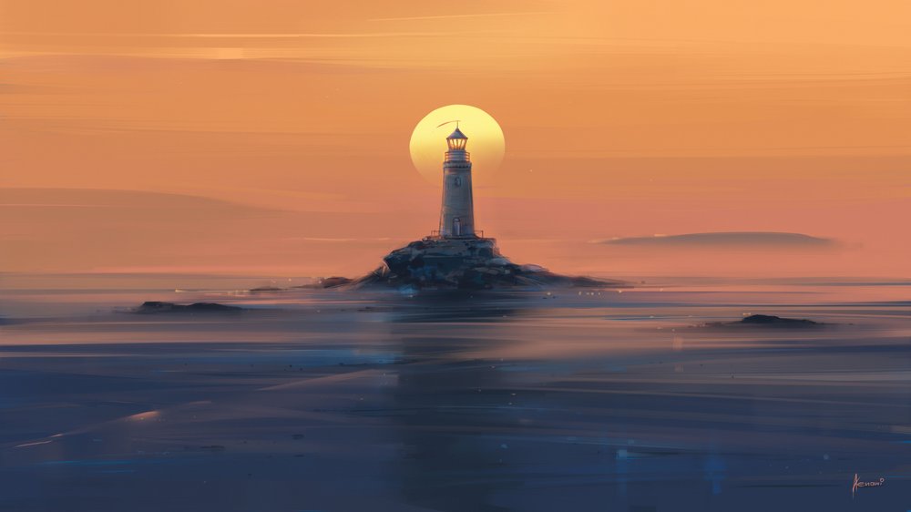 Golden Lighthouse Sunset by Alena Aenami