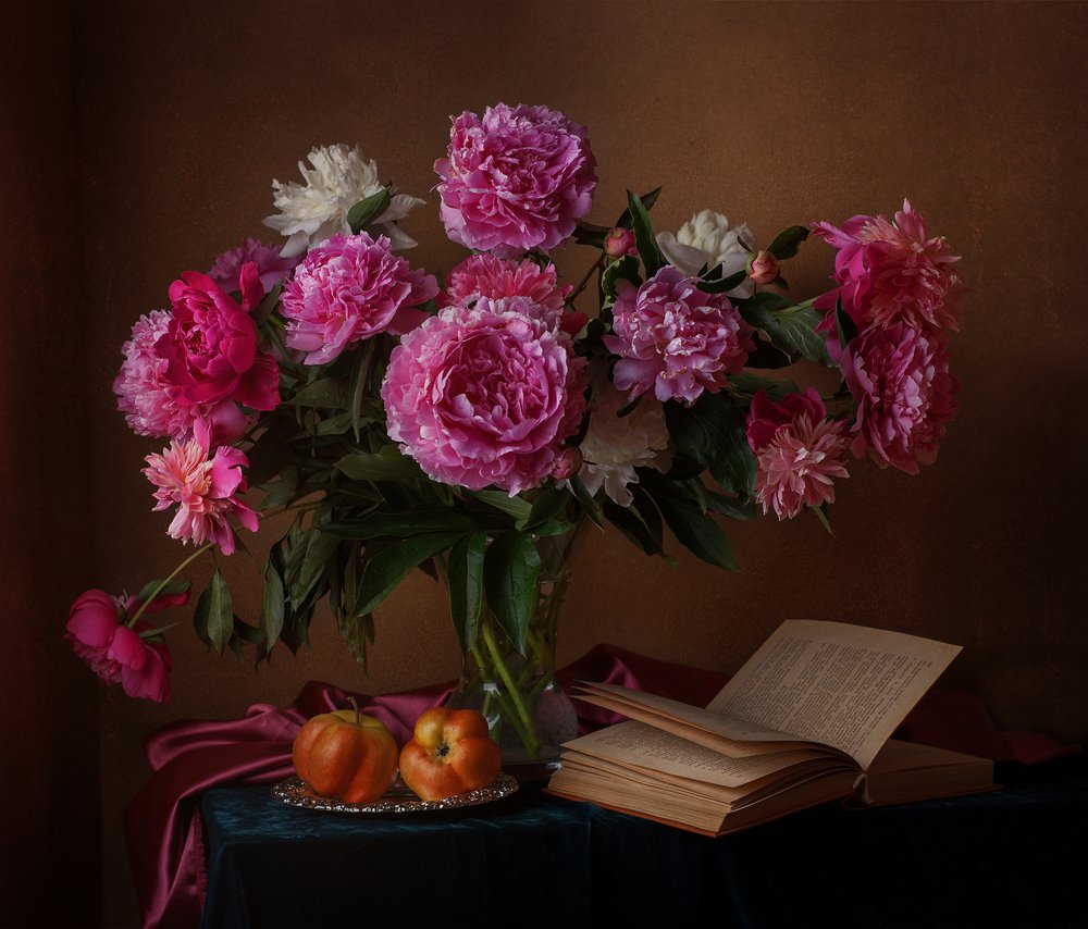 Peonies Books and Apples by Alina Lankina