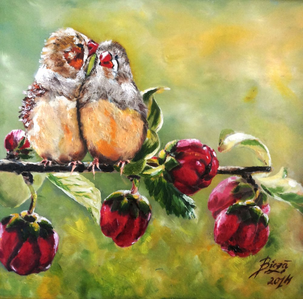 Love Birds on Branch by Anda Bieza