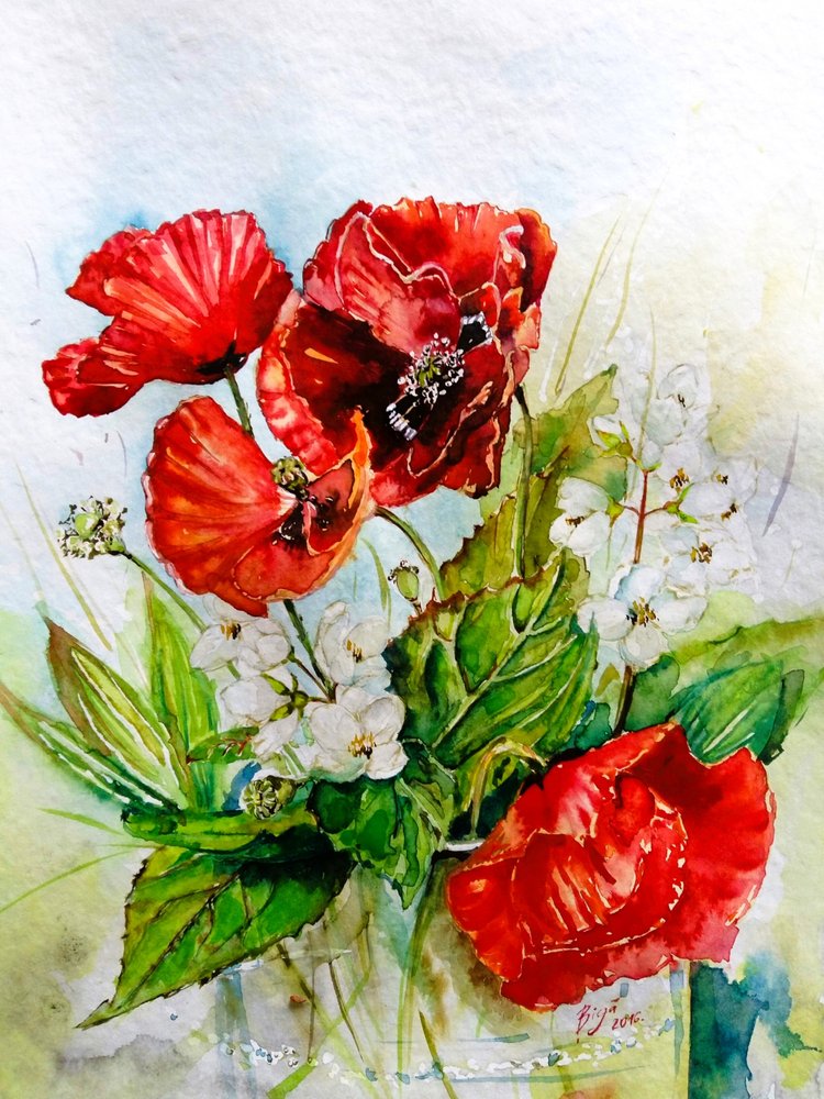 Vibrant Red Poppy Bouquet by Anda Bieza