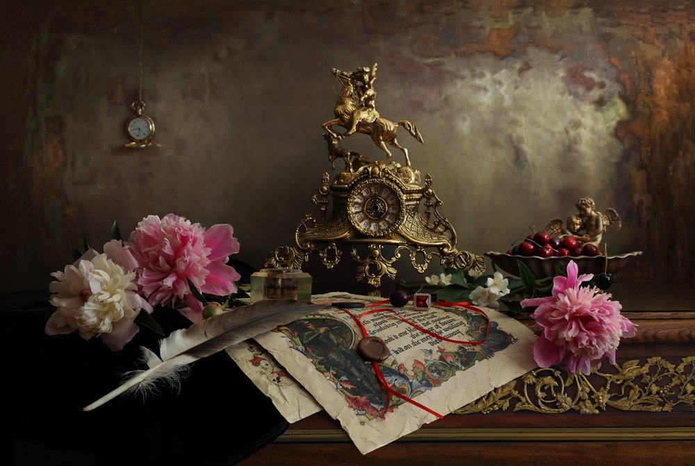 Golden Clock Peony Still Life by Andrey Morozov