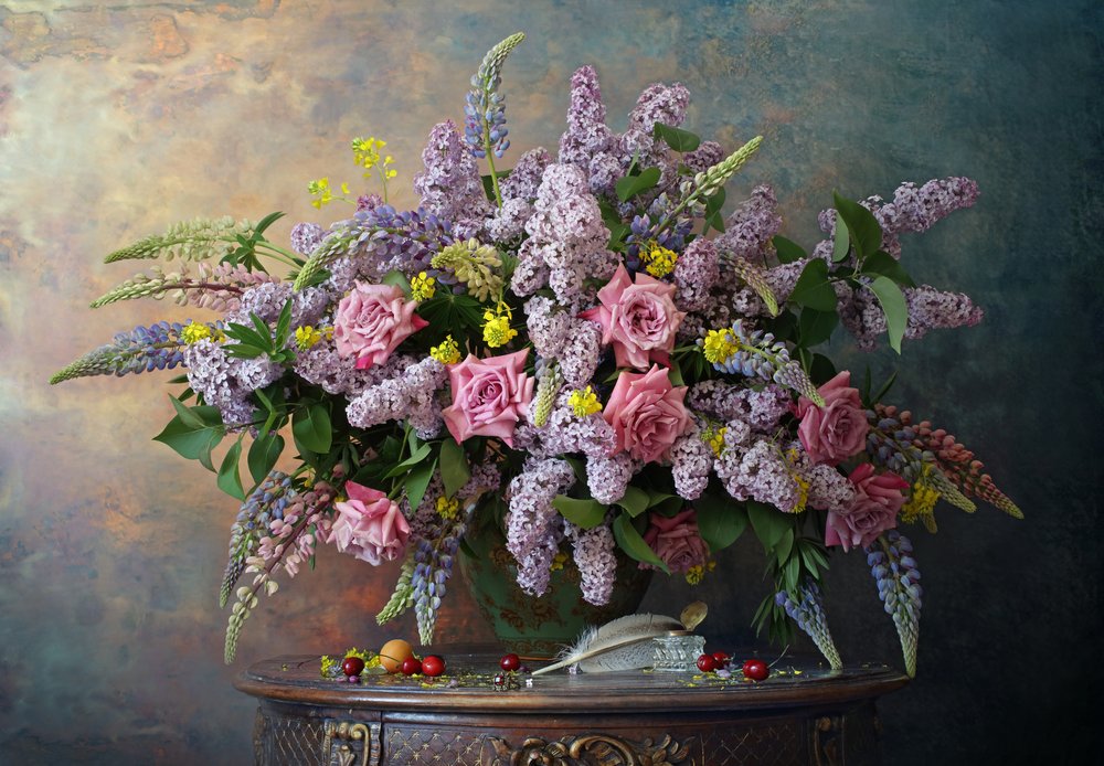 Roses and Lilac Still Life by Andrey Morozov