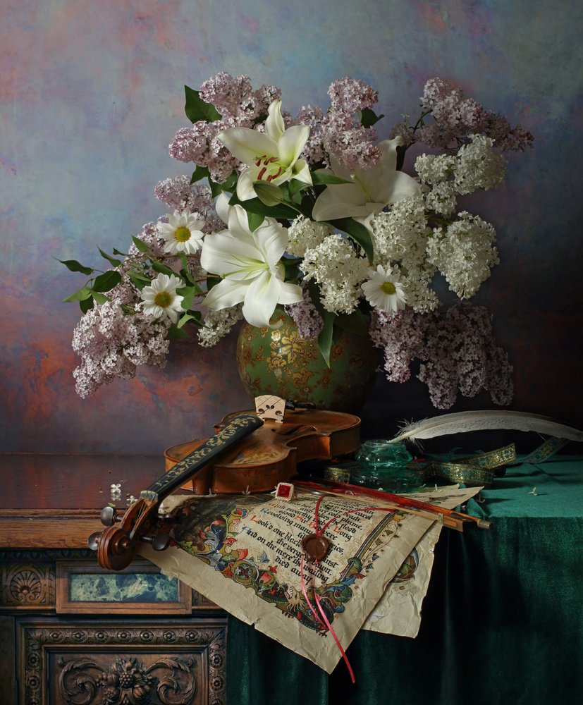 Still Life with Violin and Flowers by Andrey Morozov