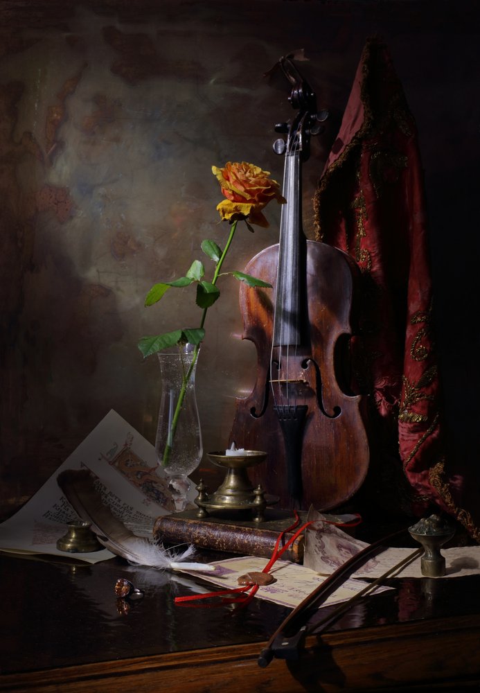 Vintage Violin and Rose by Andrey Morozov