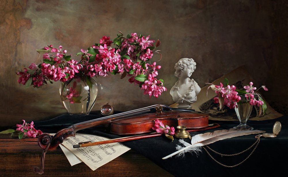 Violin Still Life With Blossoms by Andrey Morozov