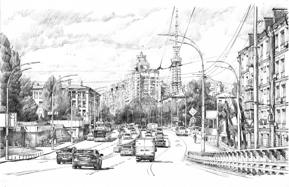 Busy Urban Street Sketch by Andrii Kutsachenko