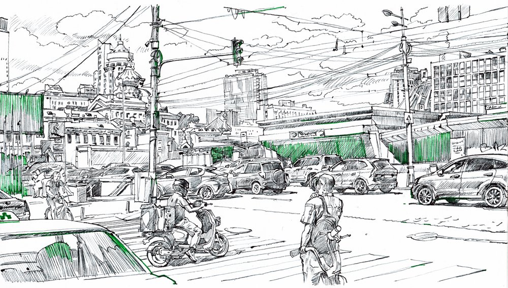 Urban Traffic Drawing by Andrii Kutsachenko