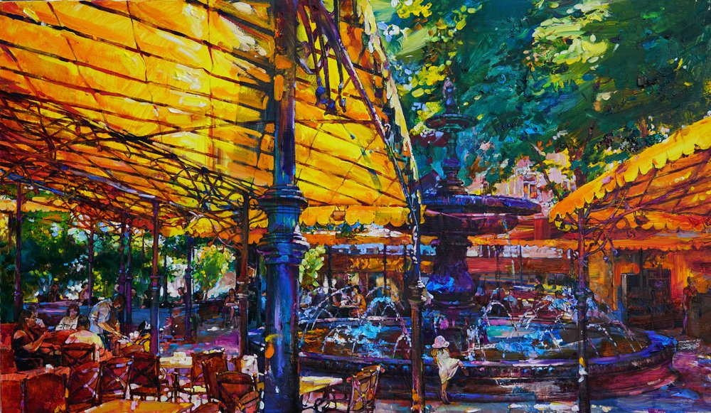 Vibrant Cafe Fountain by Andrii Kutsachenko