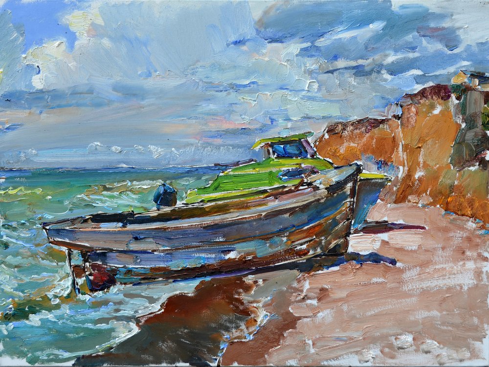 Weathered Boat Beach Scene by Andrii Kutsachenko