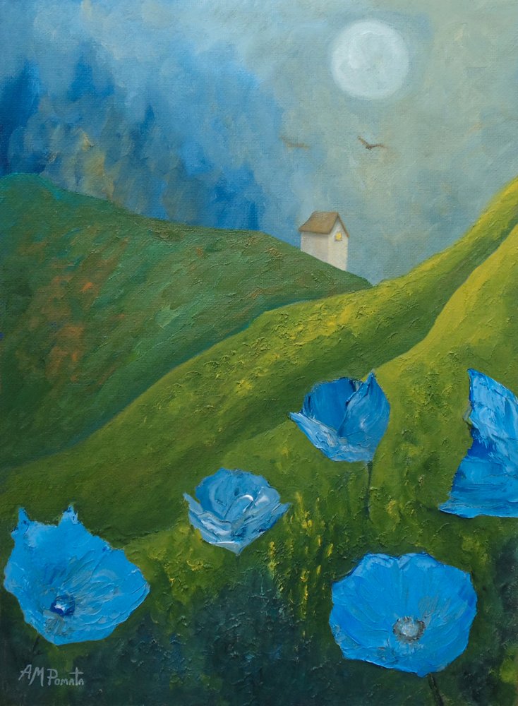 Blue Poppies Moonlit Hills by Angeles M. Pomata