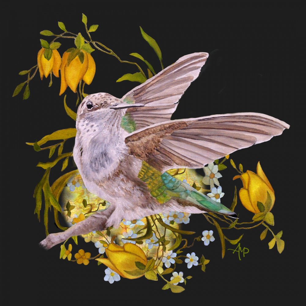Elegant Hummingbird with Flowers by Angeles M. Pomata