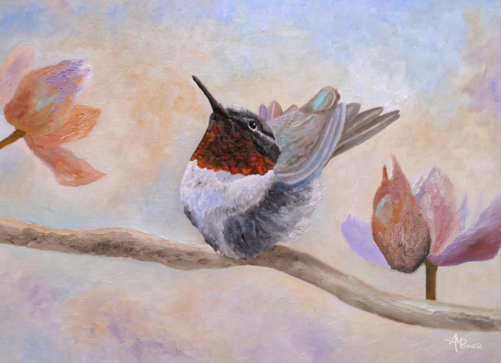 Hummingbird Among Blossoms by Angeles M. Pomata