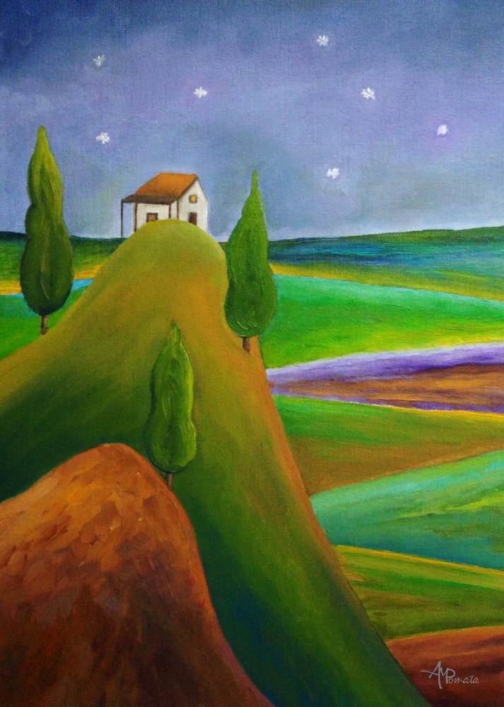 Idyllic Hilltop Home Night by Angeles M. Pomata