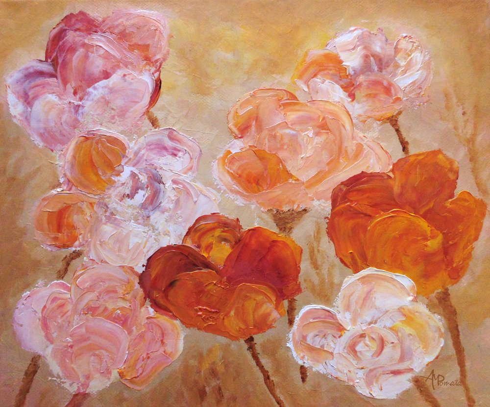 Pink Peach Impasto Flowers by Angeles M. Pomata