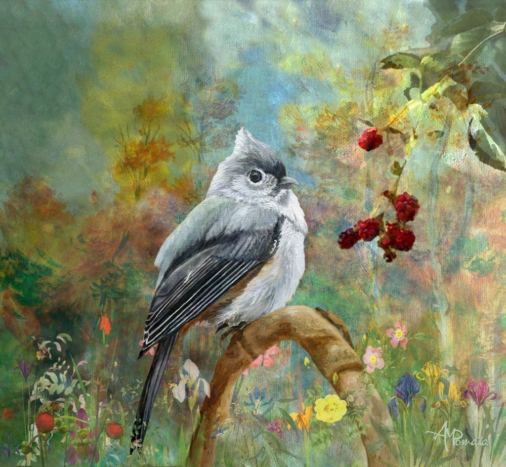 Whimsical Garden Titmouse by Angeles M. Pomata