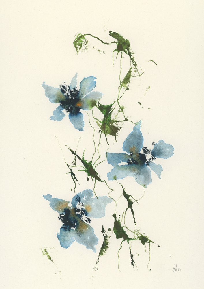 Watercolor Blue Flowers by Ankie Kooi