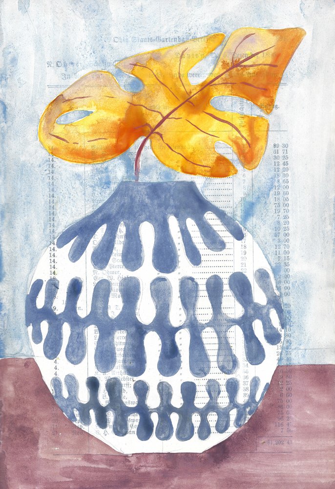 Blue Vase Golden Leaf by Annick