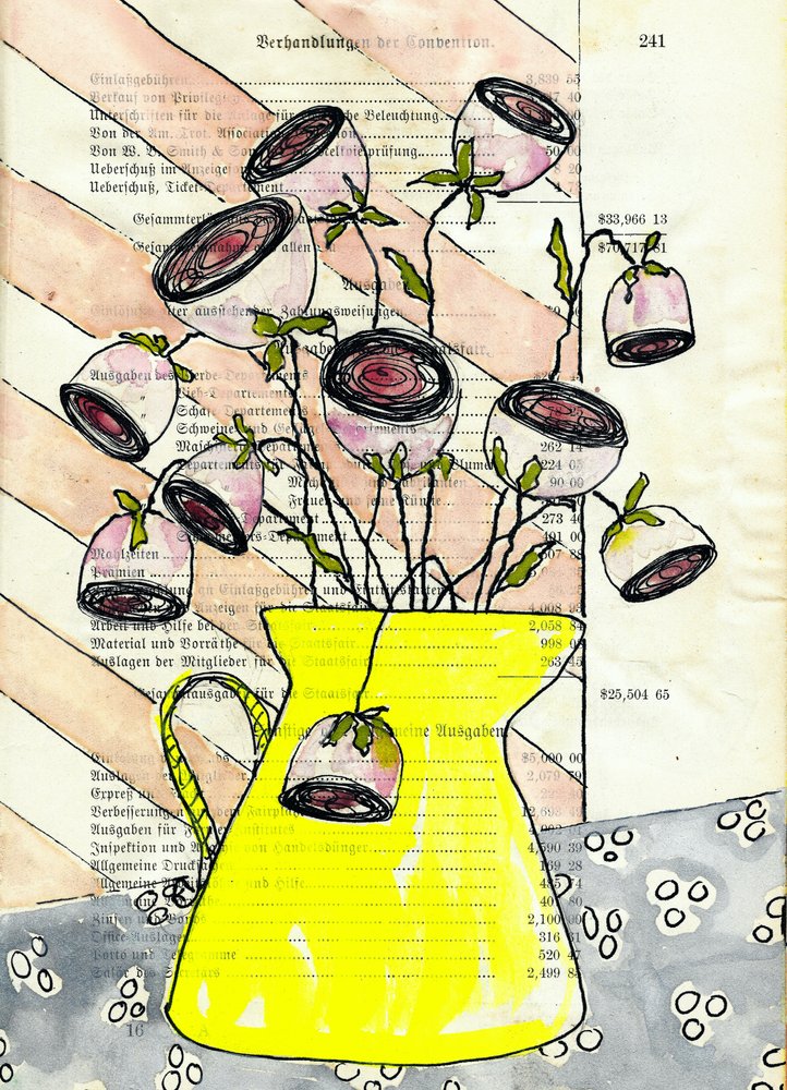 Pink Blooms Yellow Pitcher by Annick
