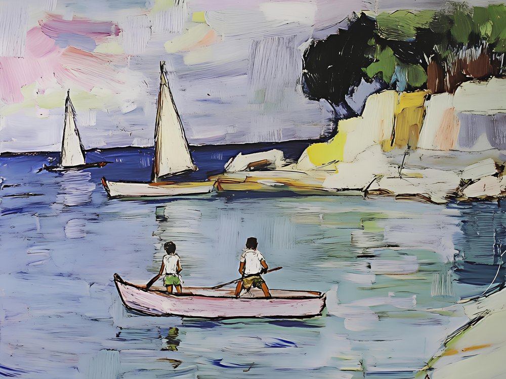 Boys Rowing Coastal Bay by Avanesova Elena