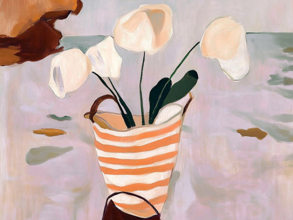 Creamy Blooms Striped Basket by Avanesova Elena