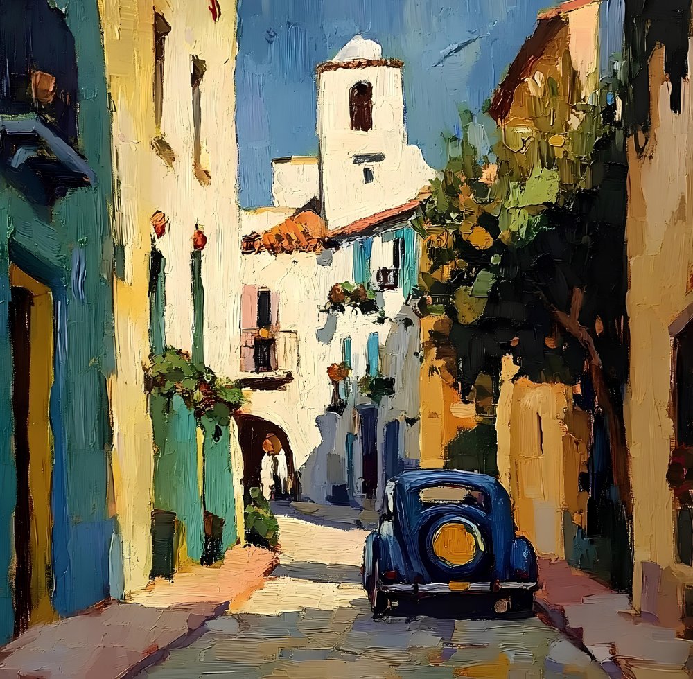 Sunny Village Blue Car by Avanesova Elena
