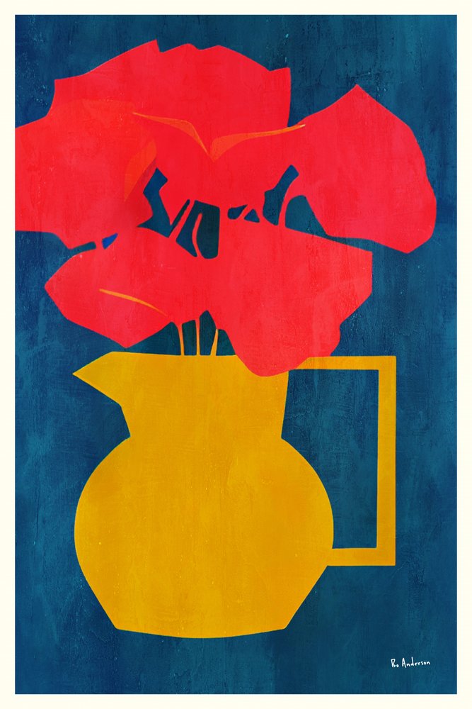 Red Blooms Golden Pitcher by Bo Anderson