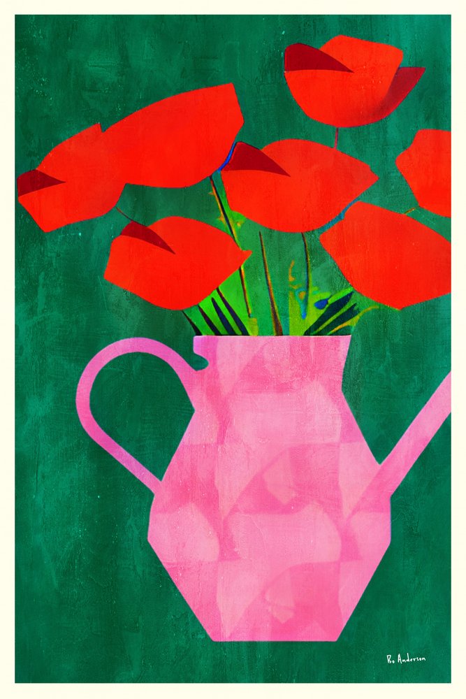 Red Poppies In a Pink Vase by Bo Anderson