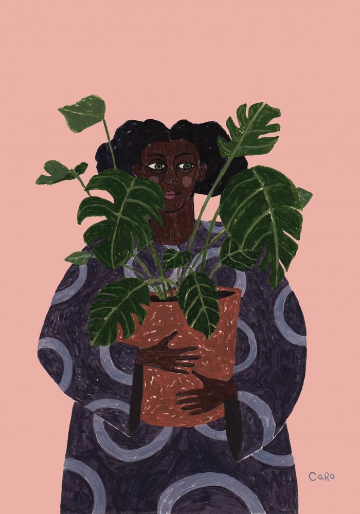 Woman Holding Monstera Plant by Caroline Roberts