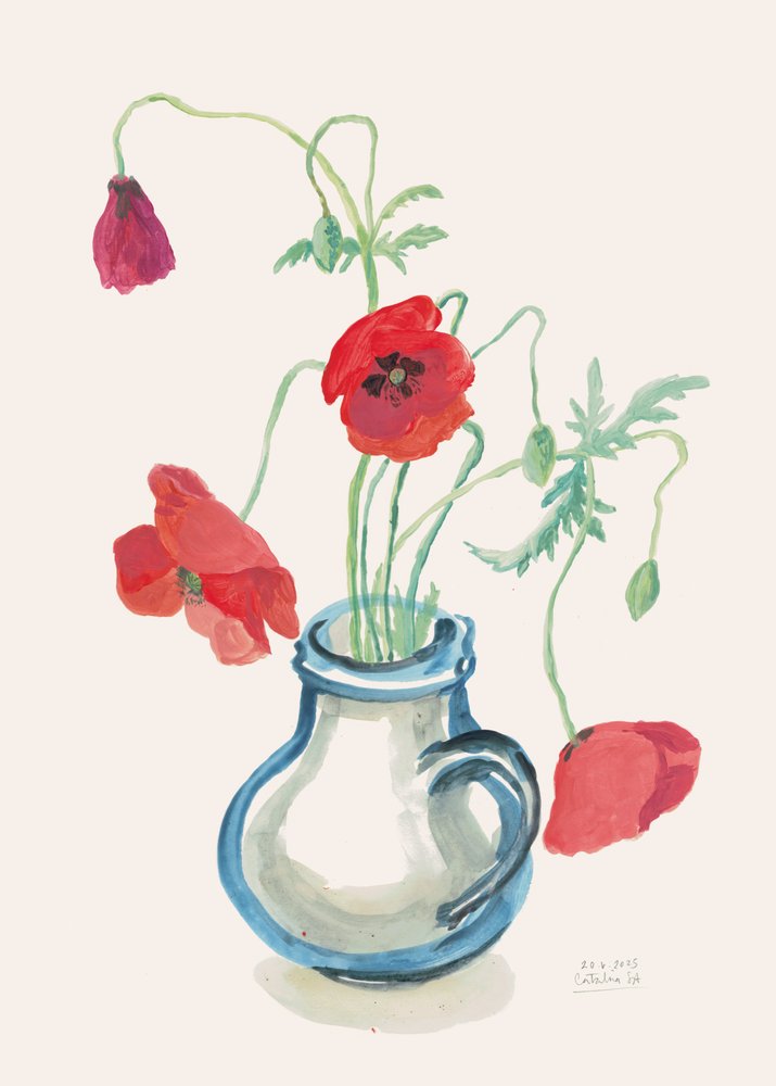 Red Poppies Blue Vase by Catalina Somolinos