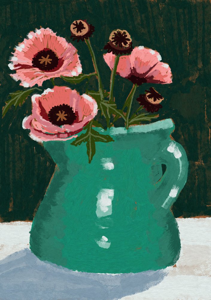 Pink Poppies Green Vase by Charlotte Trudgett