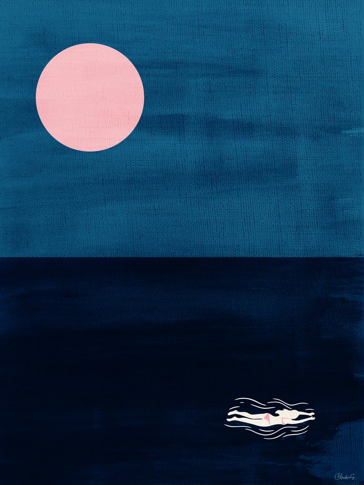 Midnight Swim Pink Moon Abstract Ocean Art Print by Claudia Spano'
