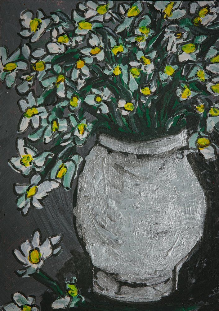 White Blooms Gray Vase by Dale Hefer & Family